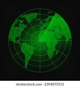 World map with a radar screen,digital green radar with targets and world map using as background and wallpaper. Navigation interface wallpaper. Navy sonar. Technology background. Vector illustration