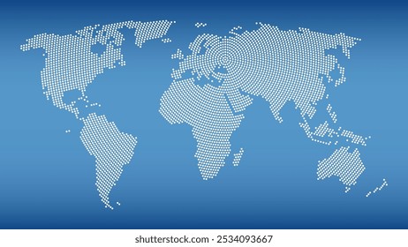 World map with radial dot pattern on steel blue background. White dots going from the center outwards and form the silhouette of the surface of the Earth except Antarctica under Robinson projection.