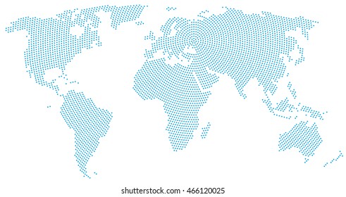 World Map Radial Dot Pattern. Blue Dots Going From The Center Outwards And Form The Silhouette Of The Surface Of The Earth Under The Robinson Projection. Illustration On White Background.