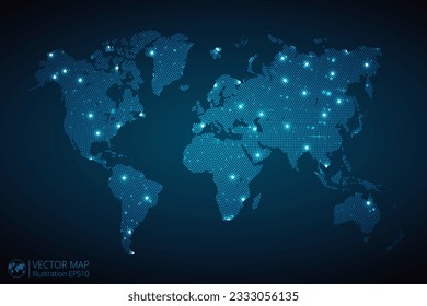 Patrón radial de puntos del mapa mundial en estilo futurista, diseño de un contorno brillante de círculo azul hecho de estrellas. concepto de comunicación sobre fondo azul oscuro. EPS10 vectores