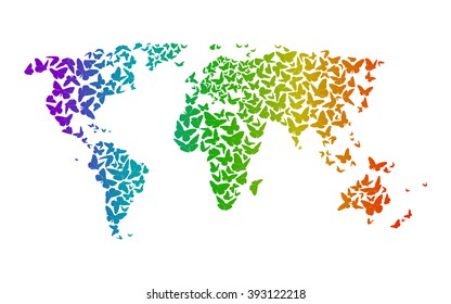 World Map With Rainbow Butterflies