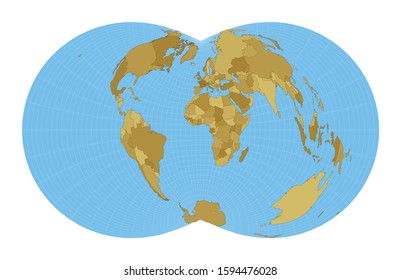 World Map. Rectangular (War Office) polyconic projection. Map of the world with meridians on blue background. Vector illustration.