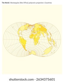 World Map. Rectangular (War Office) polyconic projection. Countries style. High Detail World map for infographics, education, reports, presentations. Vector illustration.