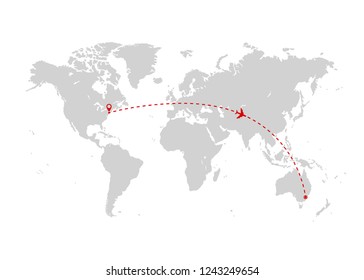 World map with red airplane route. Travel and tourism concept. Vector illustration
