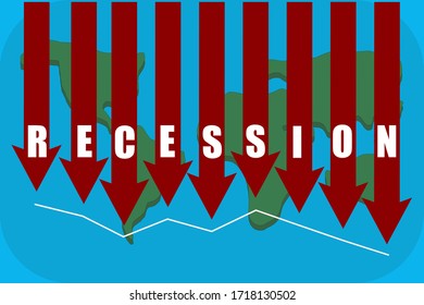 World map and red arrow with recession word. Concept of global financial crisis