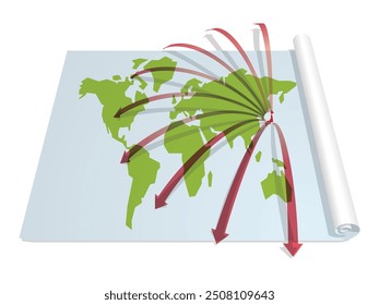 World map with red arrows spreading from Japan to the world Vector illustration