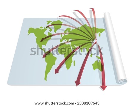 World map with red arrows spreading from Japan to the world Vector illustration