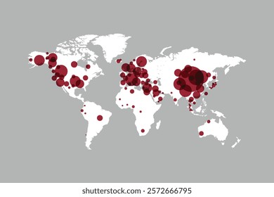 World map with red circles indicating data points. Global data visualization with red circles. Red circles highlight data on a world map. Virus clusters, illustration vector.