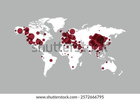 World map with red circles indicating data points. Global data visualization with red circles. Red circles highlight data on a world map. Virus clusters, illustration vector.