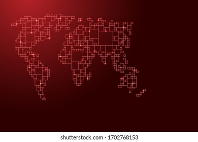 World map map from red pattern from a grid of squares of different sizes . Vector illustration.