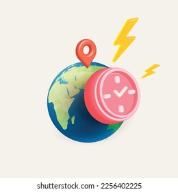 world map red pin and 
alarm clock thunder 
fast
