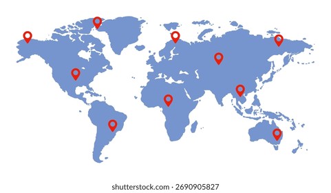 Mapa do mundo com pinos de mapa vermelho em diferentes locais. Mapa de infográfico da Terra.