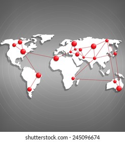 World map with red point marks on grayscale background