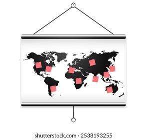 Mapa del mundo con notas adhesivas rojas que marcan varias ubicaciones, ideal para presentaciones, planificación de viajes, propósitos educativos, estrategia comercial y marketing global. Estilo sencillo, moderno y limpio