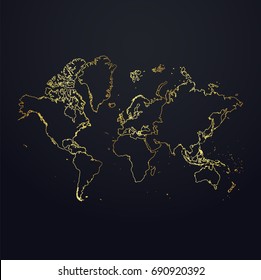 world map. world region map: golden gradient outline on dark background. Detailed map of world regions. Vector illustration.