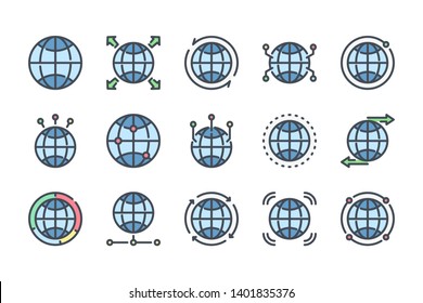 World map related color line icon set. Globe colorful linear icons. Earth and location flat color outline vector sign collection.
