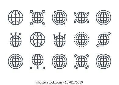 World map related line icon set. Globe linear icons. Earth and location outline vector sign collection.