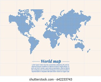 World map represented by Blue Bitmap in creamy background. Vector template for description of anything worldwide, design, cover, annual reports.