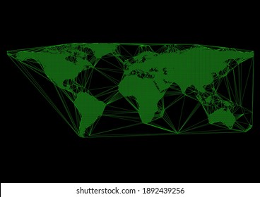World map representing global connections. Continents filled with a green pattern. Abstract illustration of the global network. Earth map. Cyberspace map. Cybersecurity concept. Vector illustration.