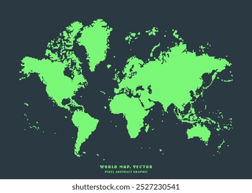 World Map in Retro 8 Bit Pixel Art Style in Green Colours Abstract Vector Background. Global Earth Map Isolated Digital Old School Aesthetic Clipart for Vintage Themed Visuals, Video Games, Web Design