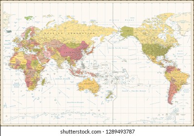 World Map Retro Color Pacific Centred. Detailed Vector Illustration of Pacific Centered Political World Map Retro Color.