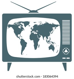 World map in the retro TV icon 