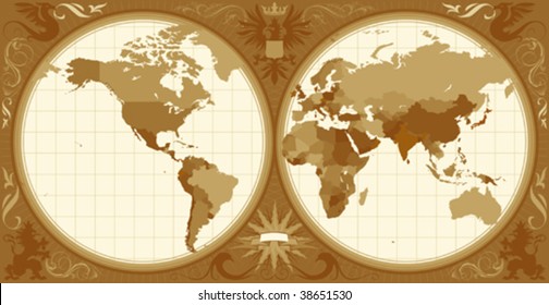World map with retro-styled hemispheres, ornaments and insignia elements. Vector illustration.