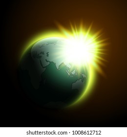 World map rising sun banner. Globe icon in space sunlight poster. Planet Earth on sunny glow background view from space banner. Continents world sunshine picture. Poster world map sunset presentation