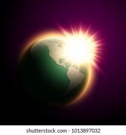 World map rising sun banner. Globe icon in space sunlight poster. Planet Earth on sunny glow background view from space banner. Continents world sunshine picture. Poster world map sunset presentation