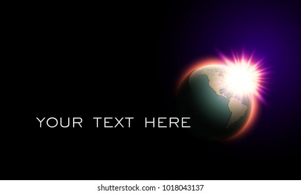 World map rising sun banner. Globe icon in space sunlight poster. Planet Earth on sunny glow background view from space banner. Continents world sunshine picture. Poster world map sunset presentation