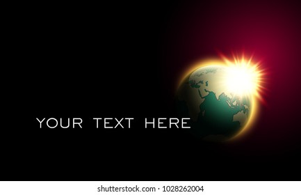 World map rising sun banner. Globe icon in space sunlight poster. Planet Earth on sunny glow background view from space banner. Continents world sunshine picture. Poster world map sunset presentation