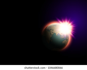 World map rising sun banner. Globe icon in space sunlight poster. Planet Earth on sunny glow background view from space banner. Continents world sunshine picture. Poster world map sunset presentation
