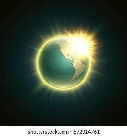 world map with rising sun banner. Globe icon in space sunlight poster. Planet Earth on sunny glow background view from space banner. Continents world Sunshine picture. Colorful poster presentation