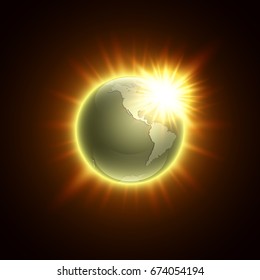 world map with rising sun banner. Globe icon in space sunlight poster. Planet Earth on sunny glow background view from space banner. Continents world Sunshine picture. Colorful poster presentation