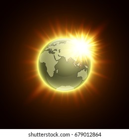 world map with rising sun banner. Globe icon in space sunlight poster. Planet Earth on sunny glow background view from space banner. Continents world Sunshine picture. Colorful poster presentation