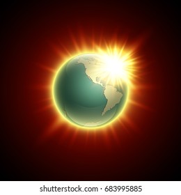 world map with rising sun banner. Globe icon in space sunlight poster. Planet Earth on sunny glow background view from space banner. Continents world Sunshine picture. Colorful poster presentation