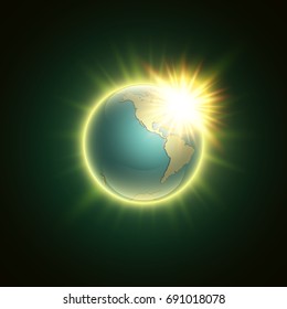 world map with rising sun banner. Globe icon in space sunlight poster. Planet Earth on sunny glow background view from space banner. Continents world Sunshine picture. Colorful poster presentation