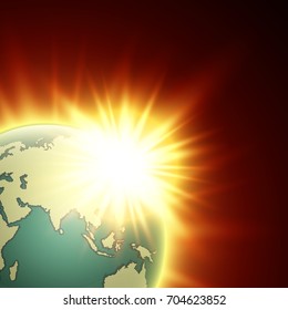 world map with rising sun banner. Globe icon in space sunlight poster. Planet Earth on sunny glow background view from space banner. Continents world Sunshine picture. Colorful poster presentation