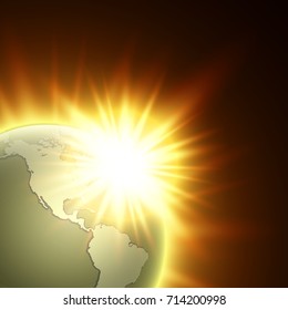 world map with rising sun banner. Globe icon in space sunlight poster. Planet Earth on sunny glow background view from space banner. Continents world Sunshine picture. Colorful poster presentation