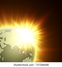 world map with rising sun banner. Globe icon in space sunlight poster. Planet Earth on sunny glow background view from space banner. Continents world Sunshine picture. Colorful poster presentation