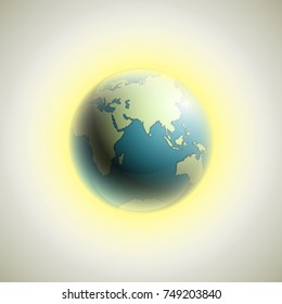 world map with rising sun banner. Globe icon in space sunlight poster. Planet Earth on sunny glow background view from space banner. Continents world Sunshine picture. Colorful poster presentation