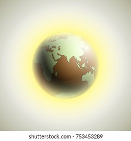 world map with rising sun banner. Globe icon in space sunlight poster. Planet Earth on sunny glow background view from space banner. Continents world Sunshine picture. Colorful poster presentation