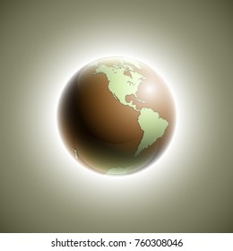 world map with rising sun banner. Globe icon in space sunlight poster. Planet Earth on sunny glow background view from space banner. Continents world Sunshine picture. Colorful poster presentation