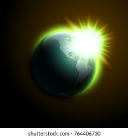 World map rising sun banner. Globe icon in space sunlight poster. Planet Earth on sunny glow background view from space banner. Continents world sunshine picture. Poster world map sunset presentation