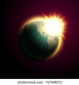 World map rising sun banner. Globe icon in space sunlight poster. Planet Earth on sunny glow background view from space banner. Continents world sunshine picture. Poster world map sunset presentation