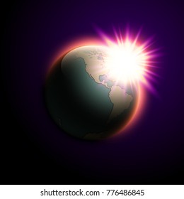 World map rising sun banner. Globe icon in space sunlight poster. Planet Earth on sunny glow background view from space banner. Continents world sunshine picture. Poster world map sunset presentation