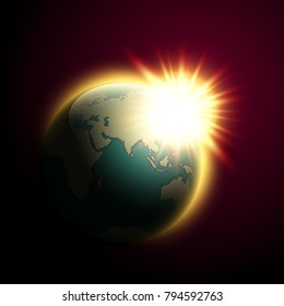 World map rising sun banner. Globe icon in space sunlight poster. Planet Earth on sunny glow background view from space banner. Continents world sunshine picture. Poster world map sunset presentation