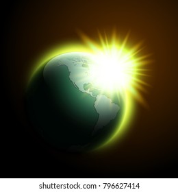 World map rising sun banner. Globe icon in space sunlight poster. Planet Earth on sunny glow background view from space banner. Continents world sunshine picture. Poster world map sunset presentation