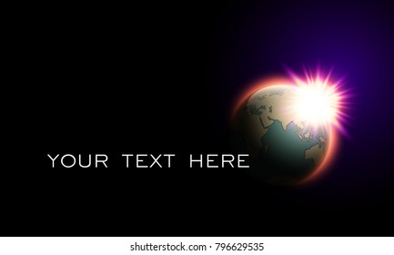 World map rising sun banner. Globe icon in space sunlight poster. Planet Earth on sunny glow background view from space banner. Continents world sunshine picture. Poster world map sunset presentation