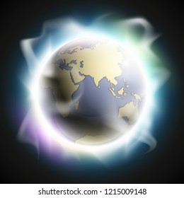 World map rising sun. Solar eclipse globe icon, space sunlight. Planet Earth sunny glow background view from space. Continents world Sunshine picture. Colorful solar eclipse astro poster presentation